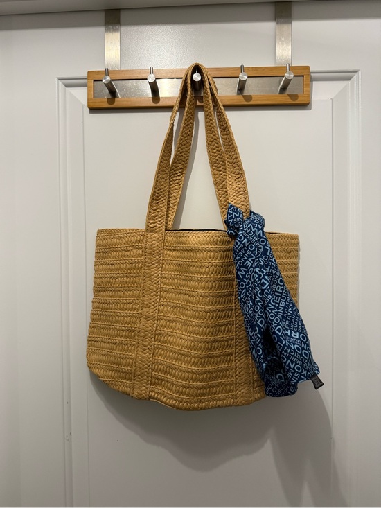 Draper James Handbags - Draper James Tan Woven Tote with Blue Scarf Accent